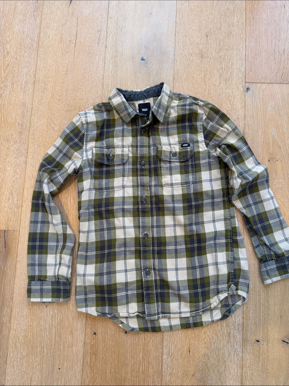 Vans Boys Flannel Olive and Cream Plaid Button-Down Shirt